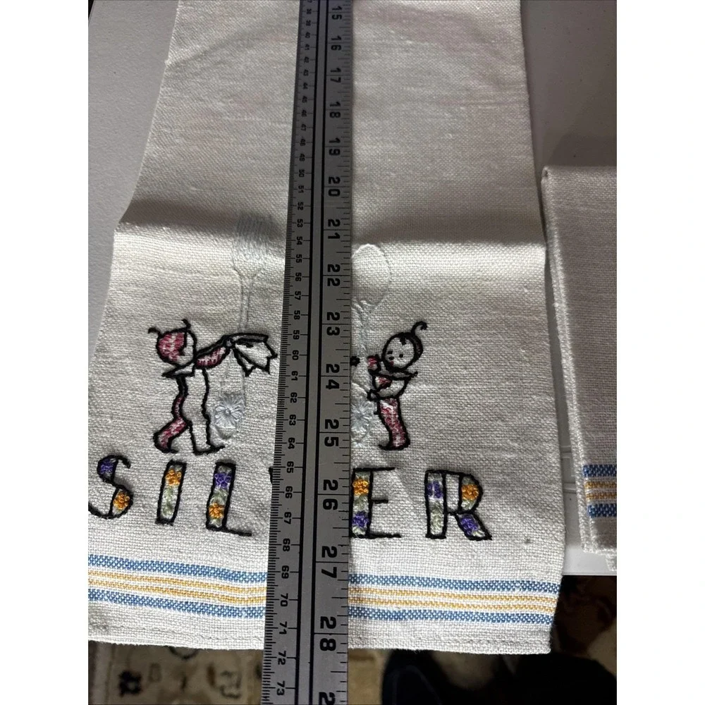Embroidered KITCHEN TOWELS Set Of 2 Linen SILVER W Babies And Flatware